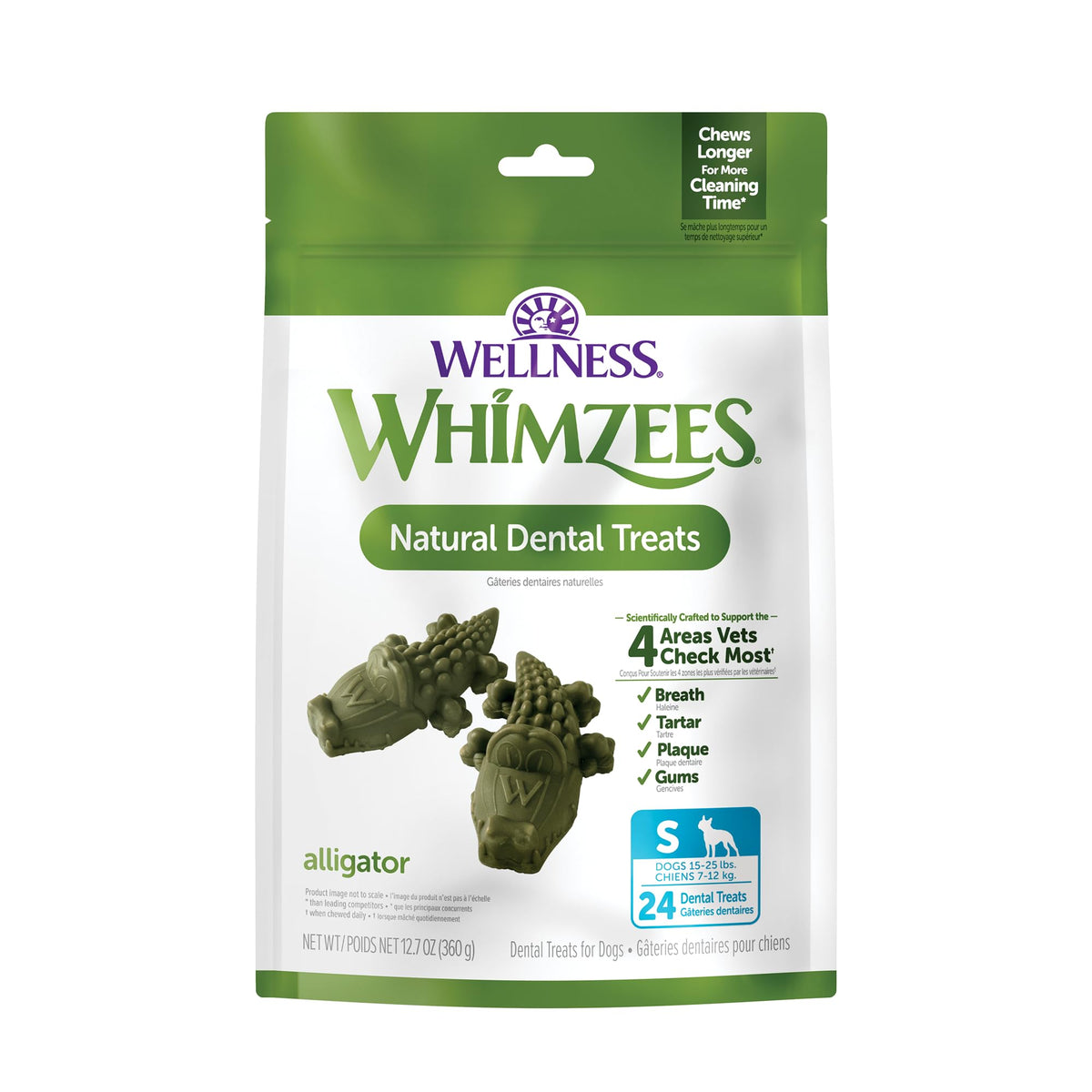 Whimzees paquet avant montrant la marque et format small bénéfice hygiène