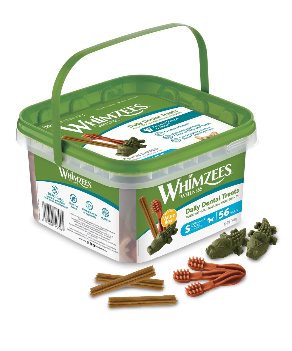 Whimzees boîte face avant montrant variétés et taille pratique