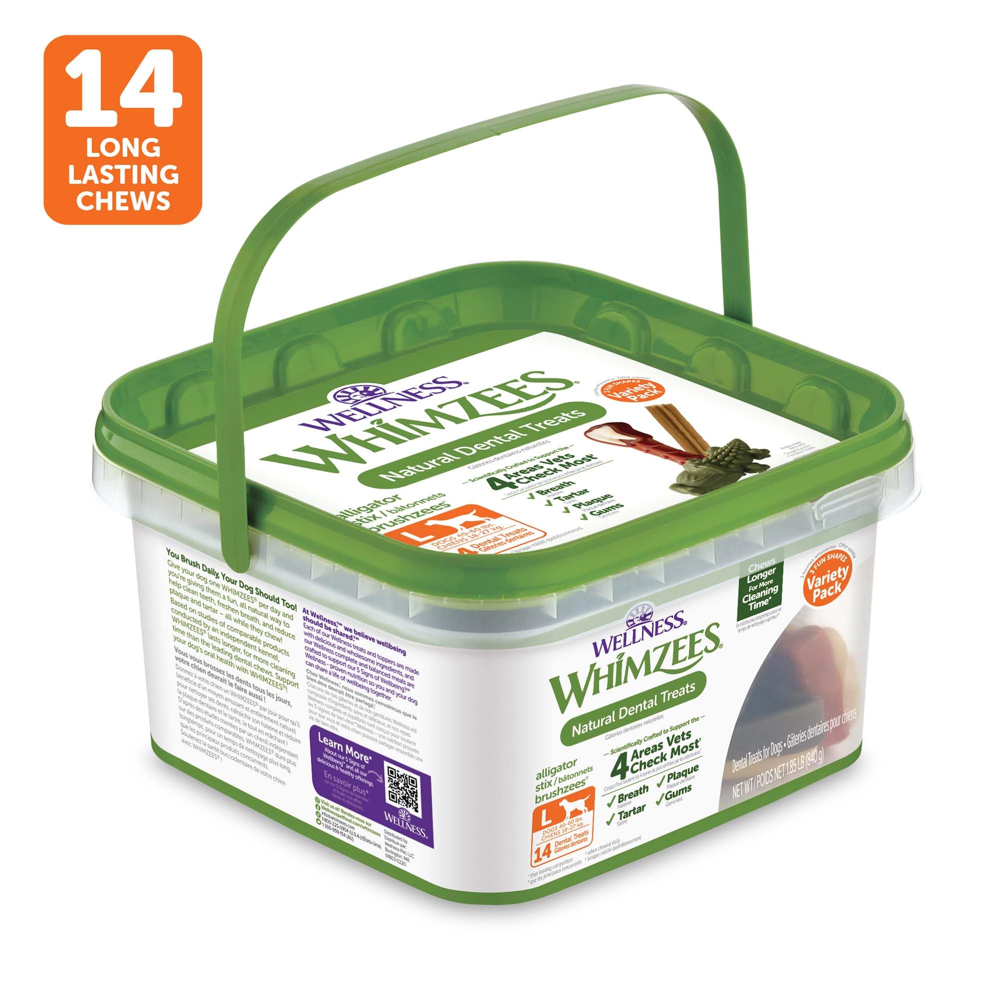 Whimzees boîte ouverte 14 pièces montrant quantité pour soins quotidiens