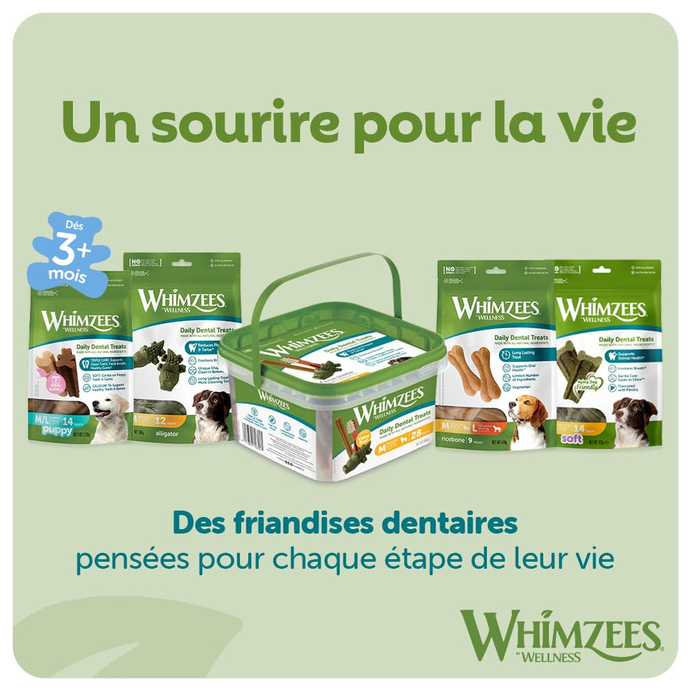 Boîte Whimzees ouverte révélant 56 pièces variées