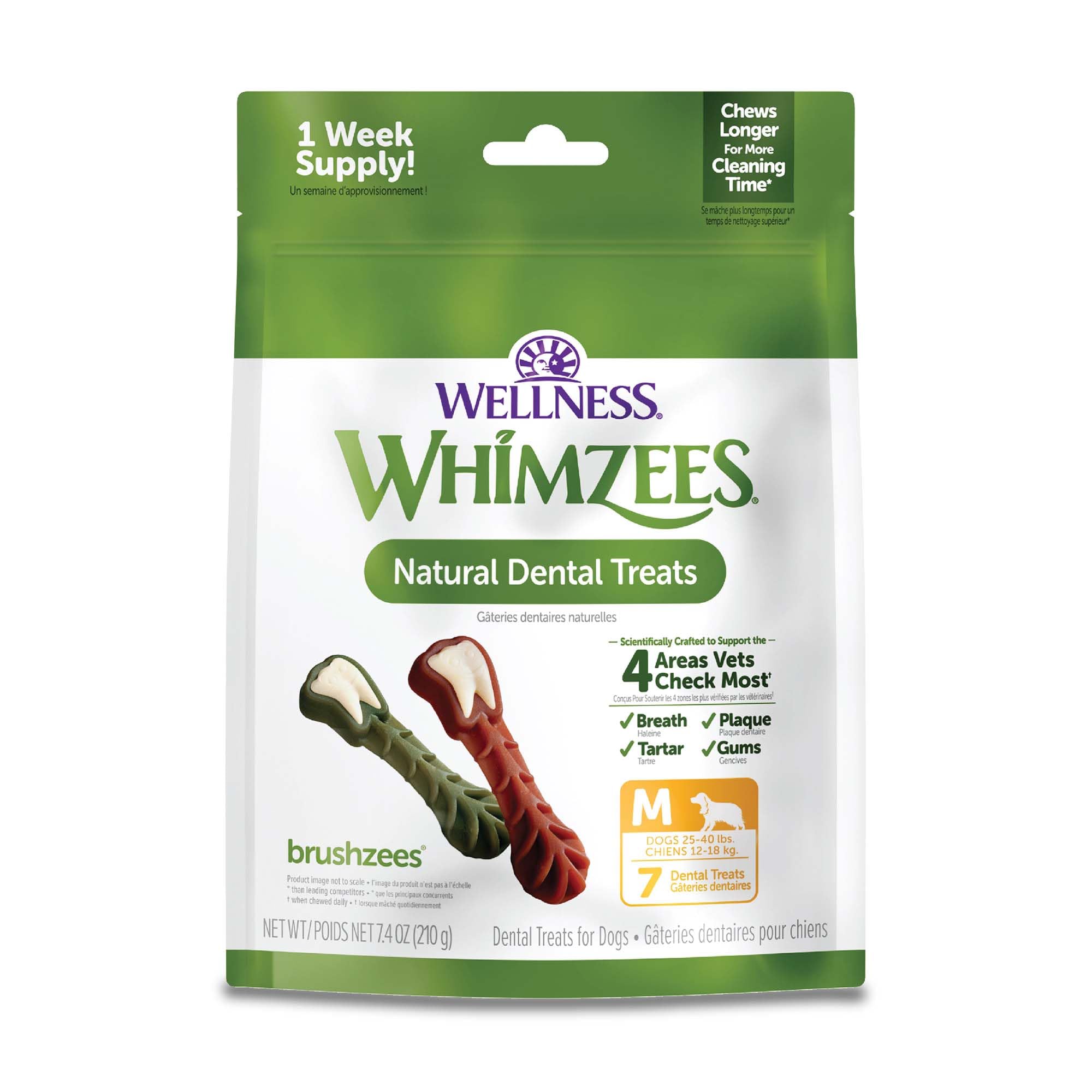 Whimzees emballage avant montrant format medium et bénéfice hygiène