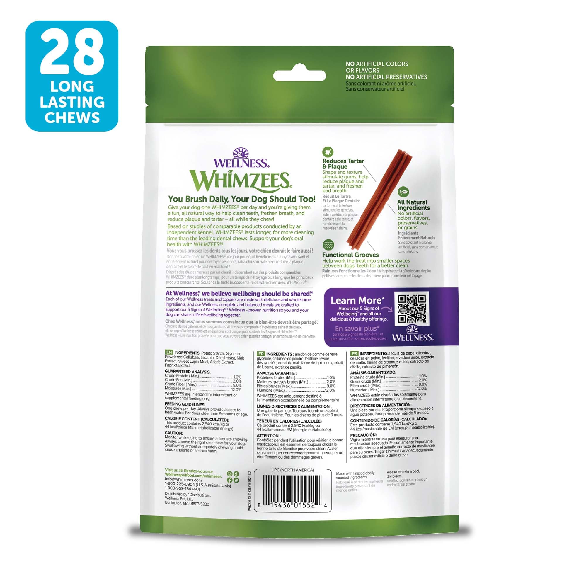 Whimzees contenu du sachet montrant bâtonnets prêts à l'emploi
