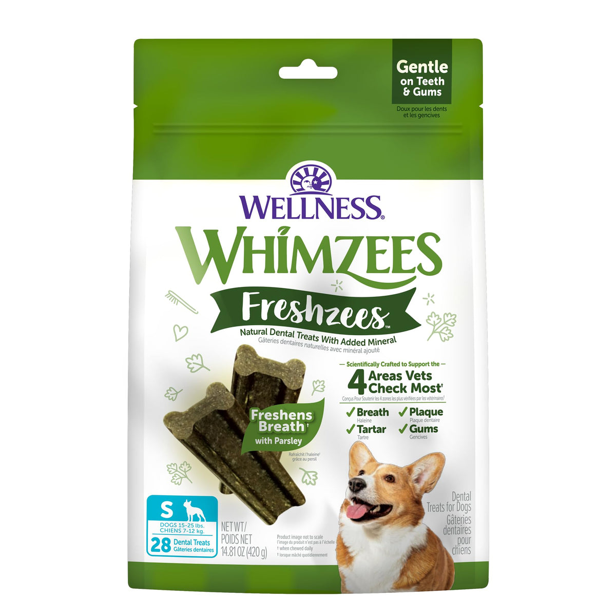 Whimzees emballage avant montrant Freshzees, bénéfice hygiène dentaire