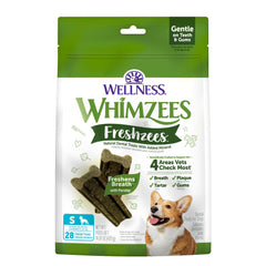 Whimzees emballage avant montrant Freshzees, bénéfice hygiène dentaire
