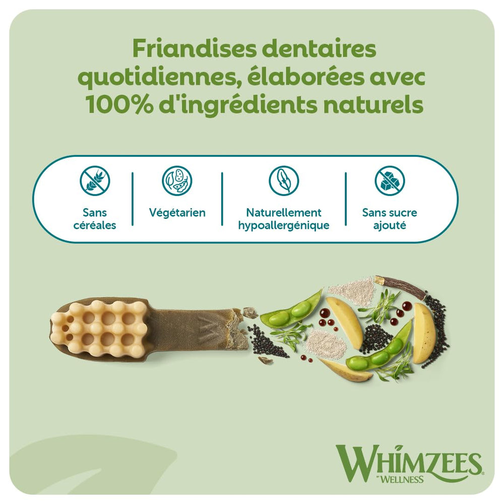 Whimzees emballage détaillé avec liste d'ingrédients naturels