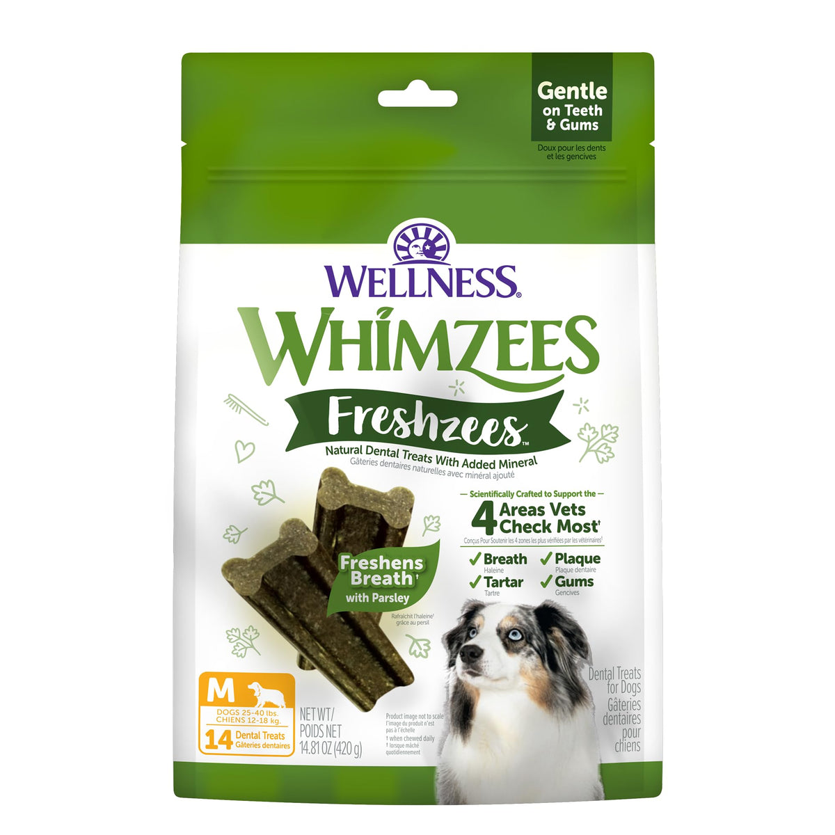 Whimzees emballage face montrant le format 14 count et bénéfice hygiène