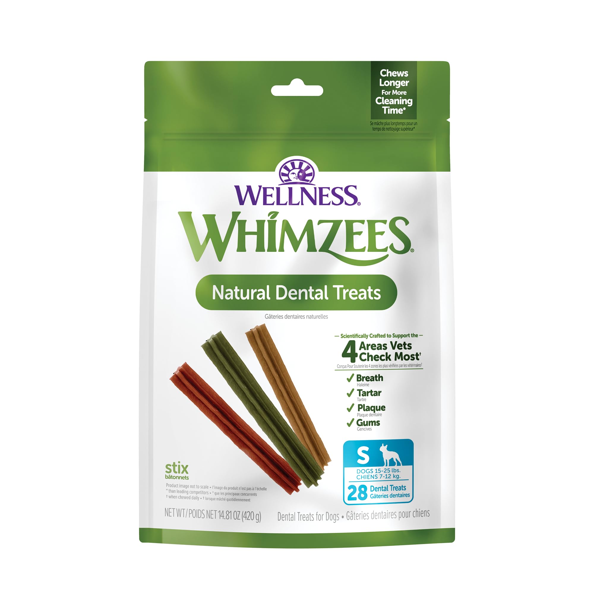 Whimzees paquet avant montrant 28 bâtonnets pour nettoyage dentaire