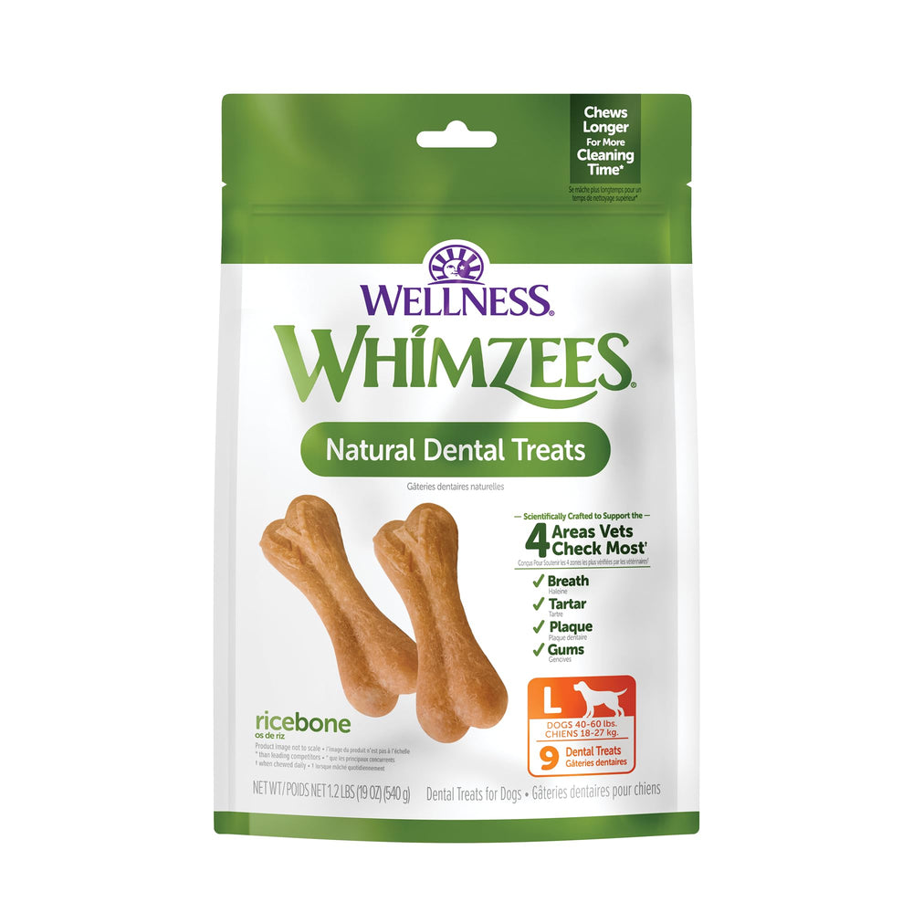 Whimzees emballage avant montrant format large et avantages dentaires