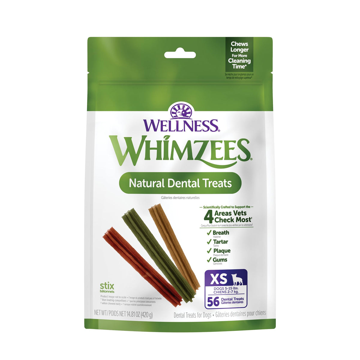 Whimzees emballage avant montrant format extra-small et bénéfice hygiène