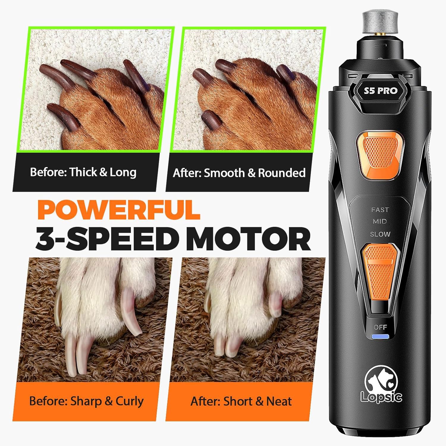 Whisper Quiet Dog Nail Grinder en main illustrant prise ergonomique et contrôle