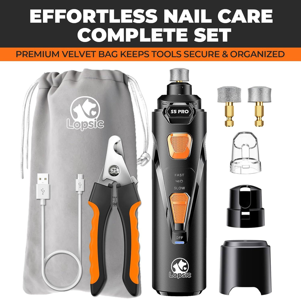 Whisper Quiet Dog Nail Grinder commandes et moteur montrant réglages trois vitesses