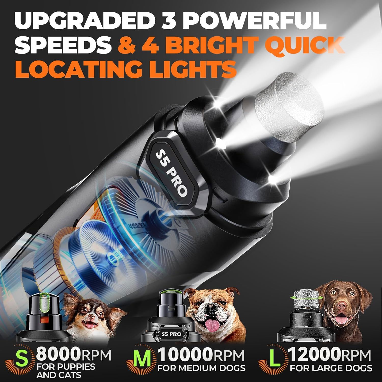Whisper Quiet Dog Nail Grinder LED intégrée éclairant le quick pour précision