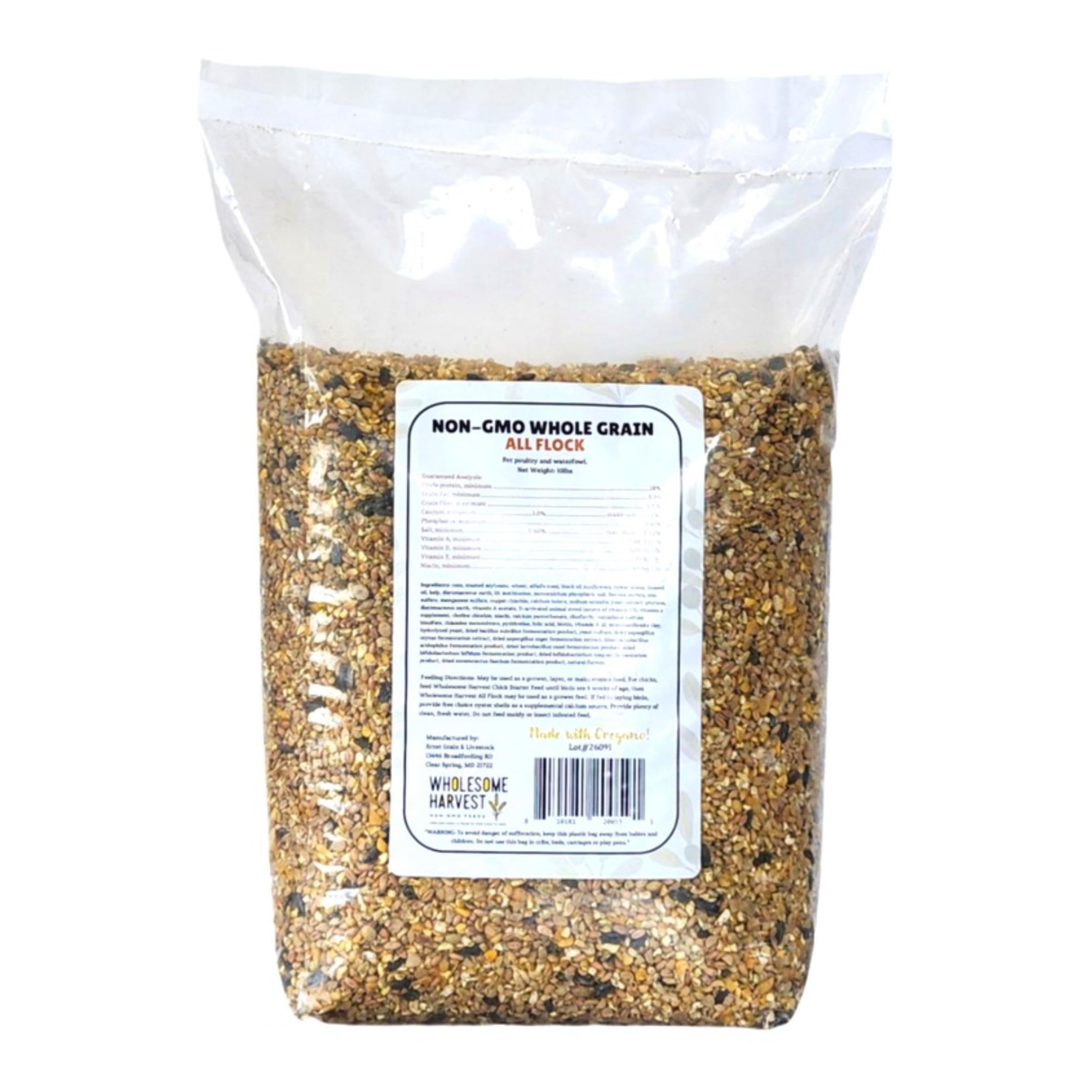 Wholesome Harvest étiquette d'ingrédients listant Non-GMO, probiotiques et kelp