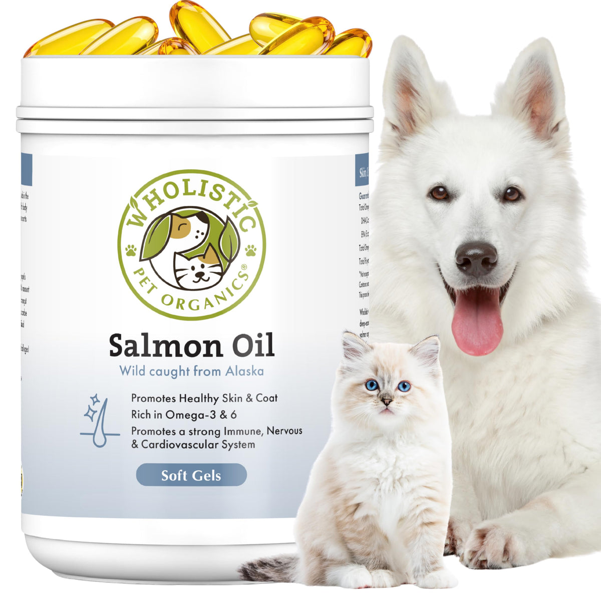 Wholistic Pet Organics boîte softgels vu de face pour dosage pratique