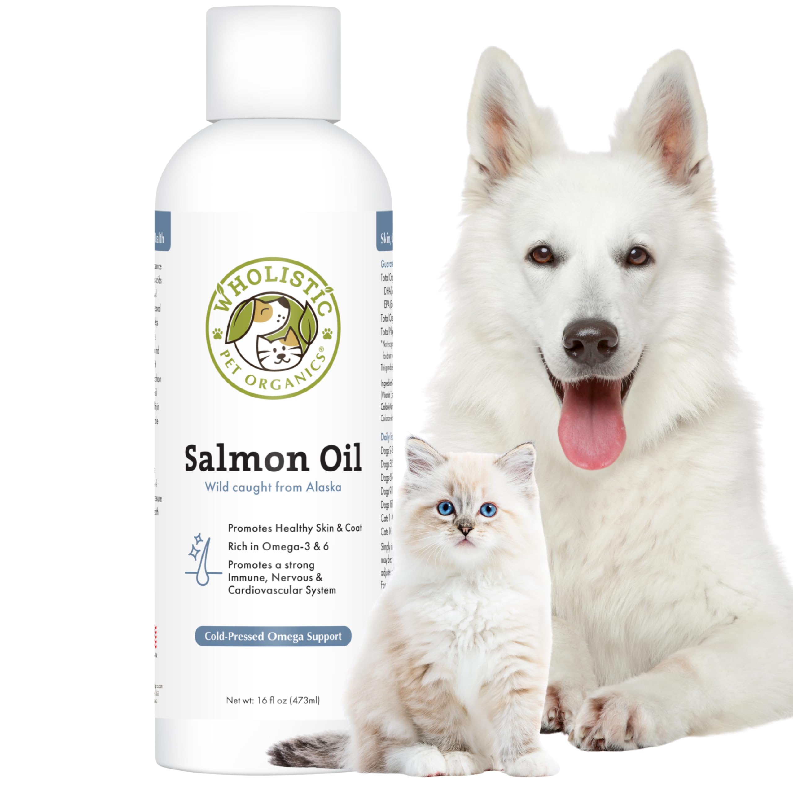 Wholistic Pet Organics bouteille avant montrant l’étiquette claire et bénéfice oméga‑3