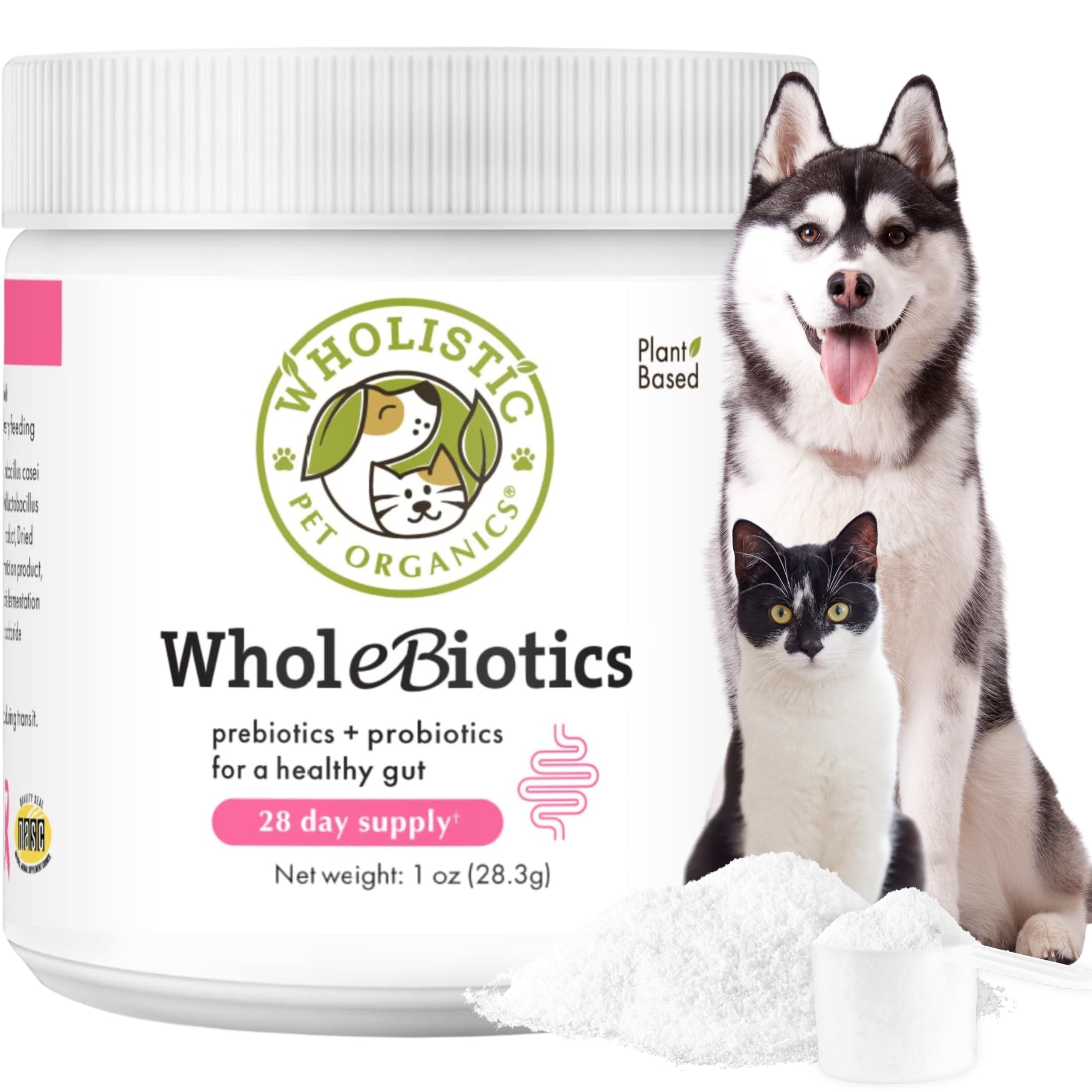 Wholistic Pet Organics emballage avant montrant format 1 oz et avantages
