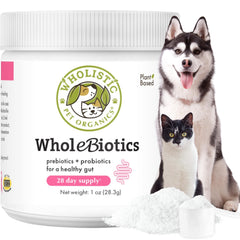 Wholistic Pet Organics emballage avant montrant format 1 oz et avantages