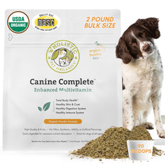 Wholistic Pet Organics emballage avant montrant taille 2 lb et bienfaits