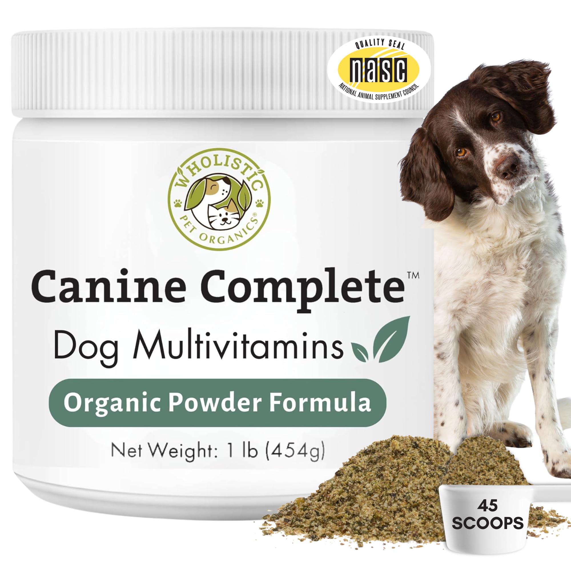 Wholistic Pet Organics emballage avant montrant le format 1 lb et bénéfice qualité