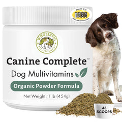 Wholistic Pet Organics emballage avant montrant le format 1 lb et bénéfice qualité