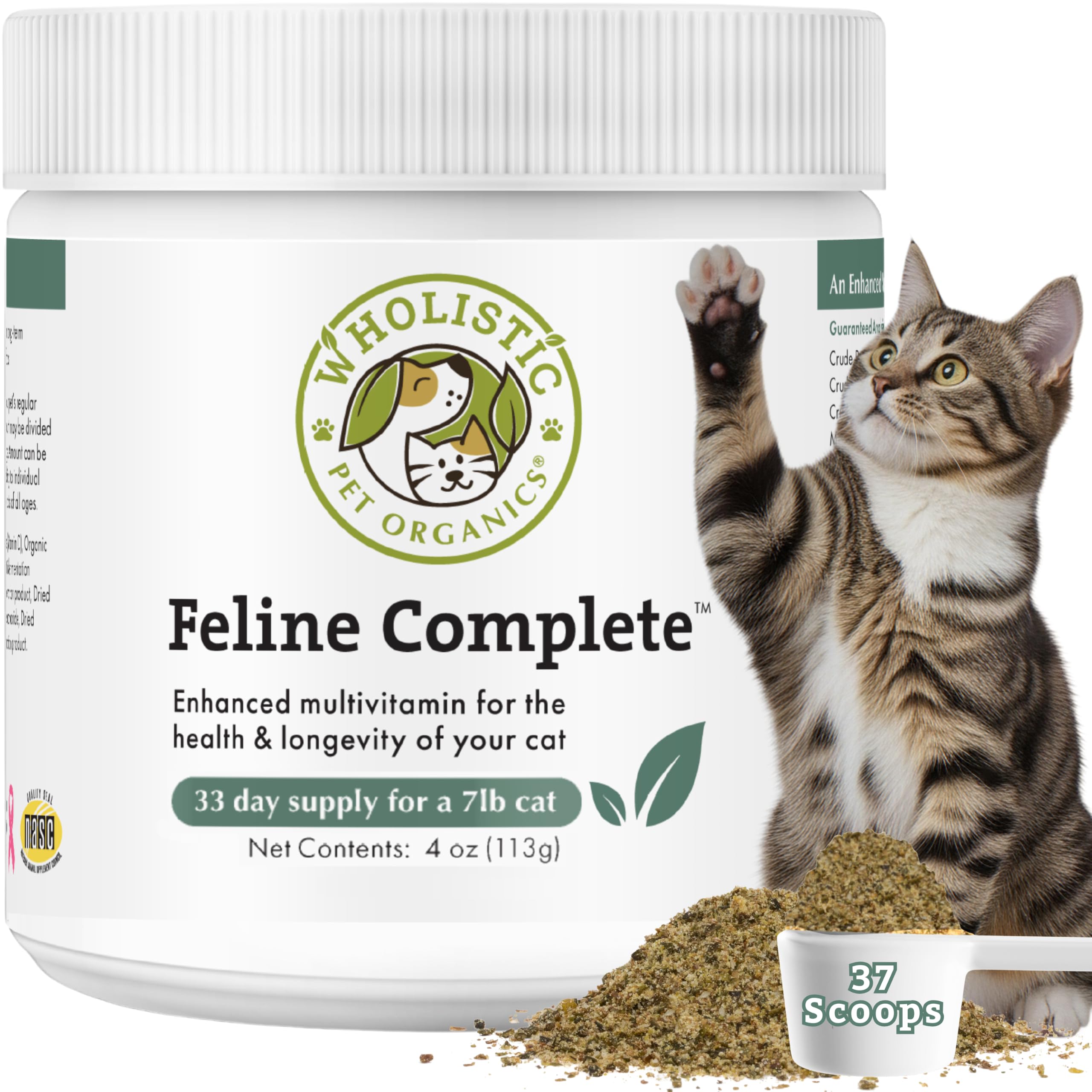 Wholistic Pet Organics emballage devant montrant la taille et bénéfice qualité