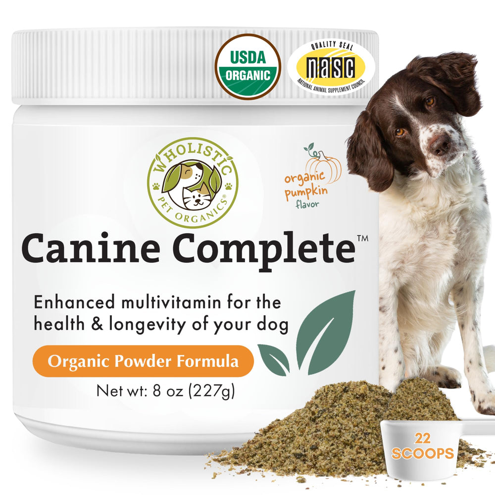 Wholistic Pet Organics emballage face montrant pot et dosage, qualité garantie
