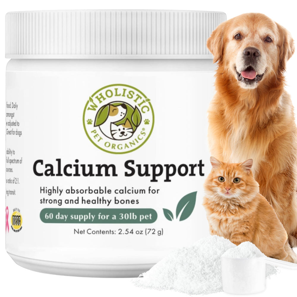 Wholistic Pet Organics emballage frontal montrant poudre et étiquette, confiance produit