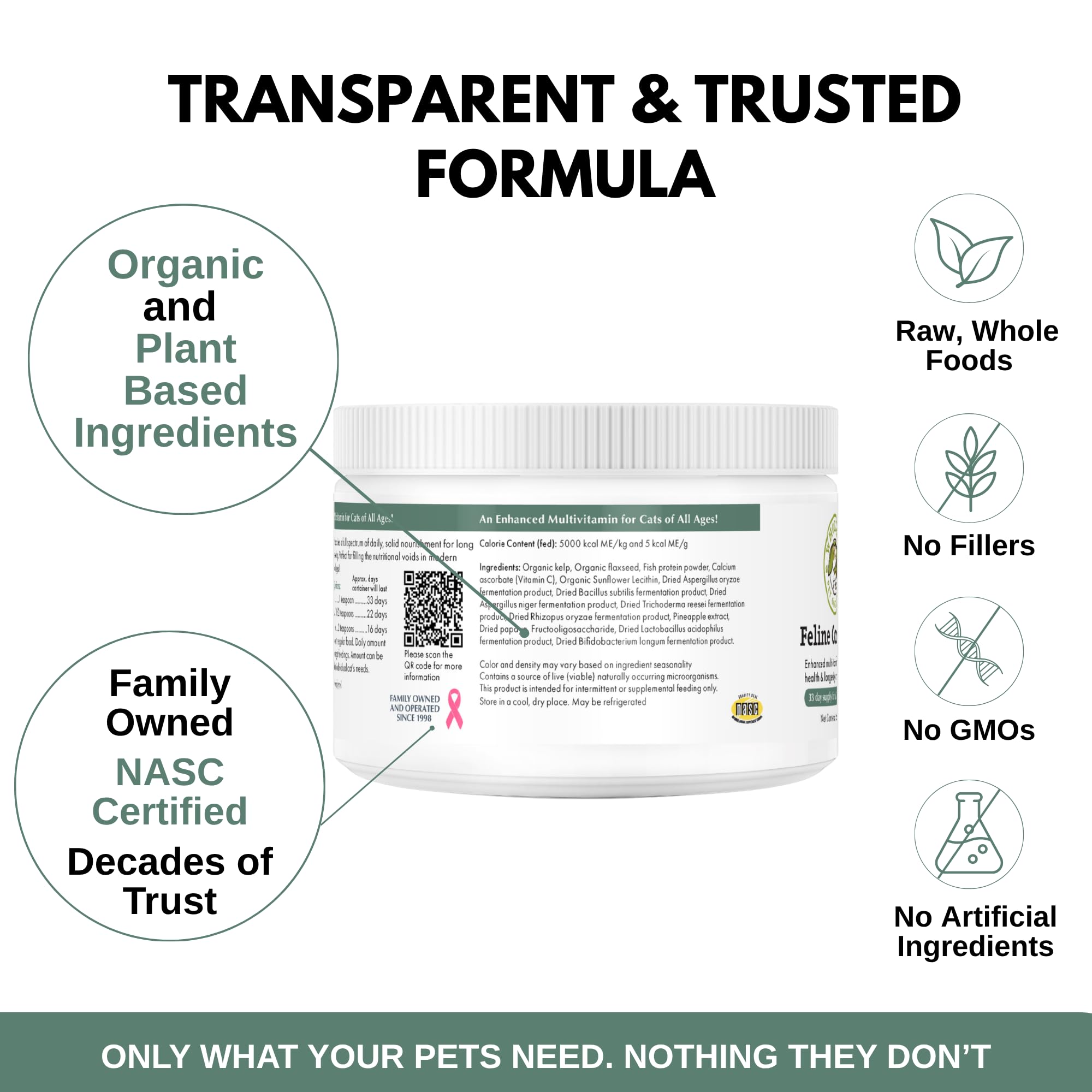 Wholistic Pet Organics étiquette nutritionnelle montrant transparence des composants