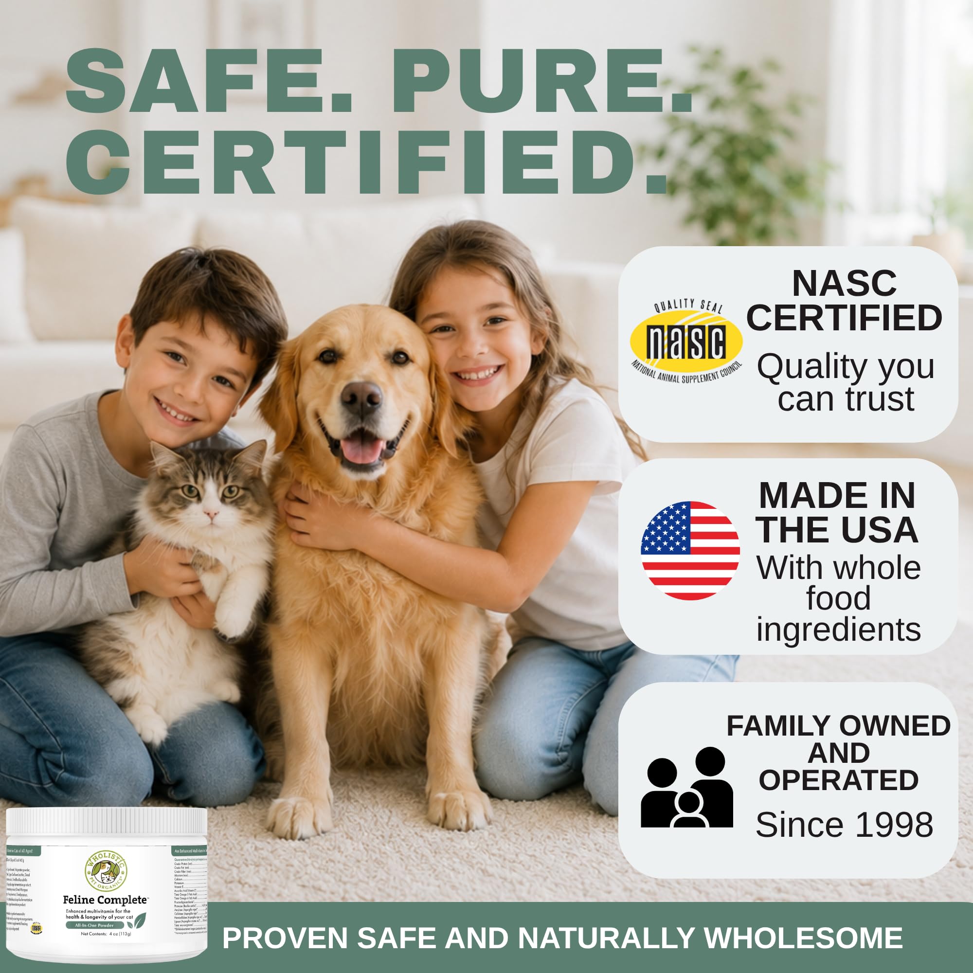 Wholistic Pet Organics flacon ouvert vue du dessus montrant poudre fine prête à l'emploi