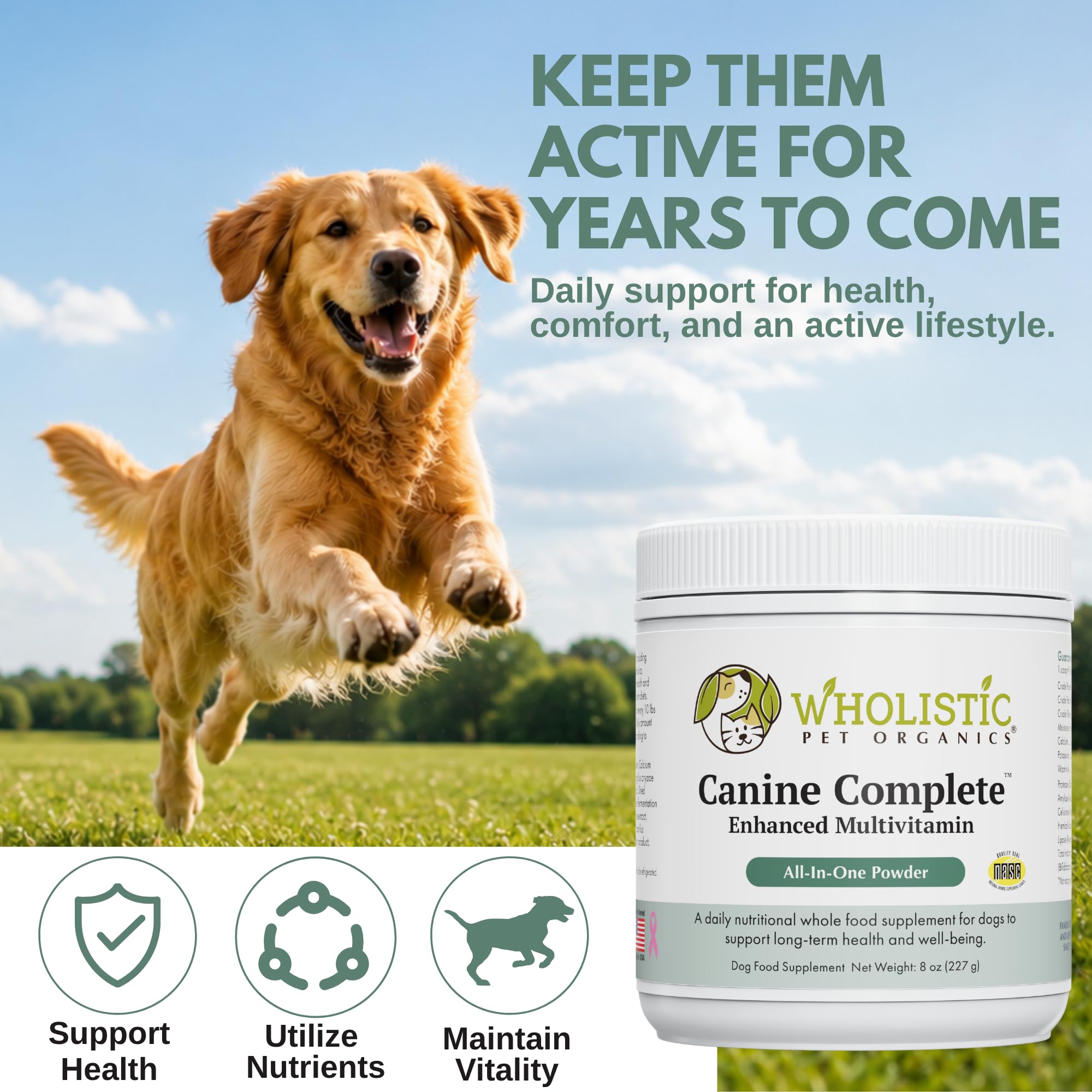 Wholistic Pet Organics ingrédients botaniques présentés montrant origine naturelle