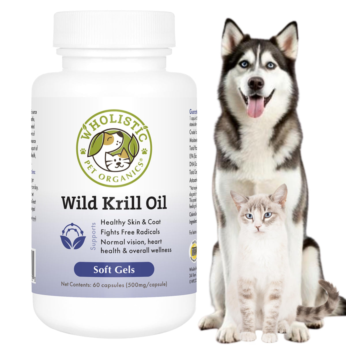 Wholistic Pet Organics emballage avant montrant les bénéfices Oméga‑3