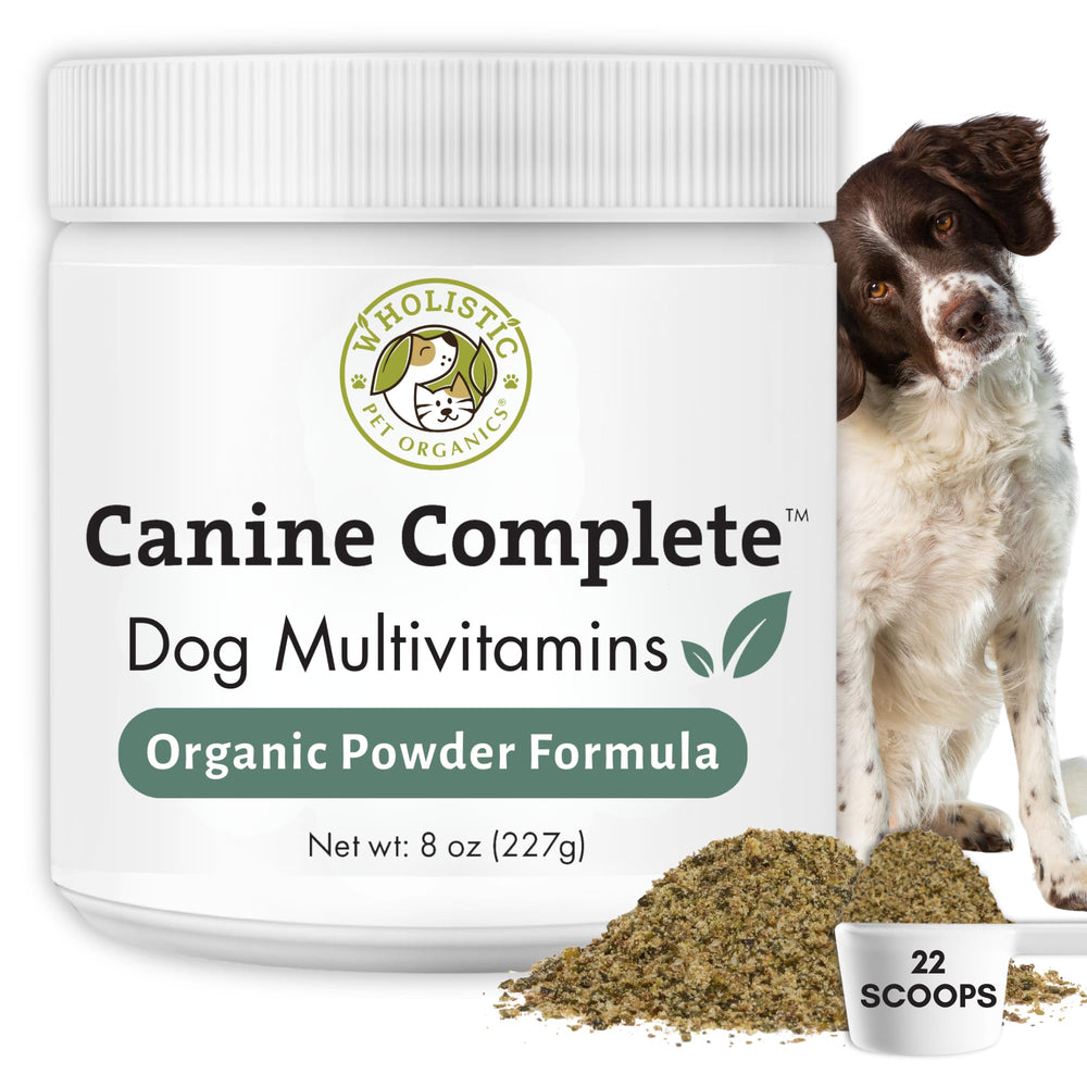Wholistic Pet Organics pot avant montrant l'emballage et facilité d'utilisation