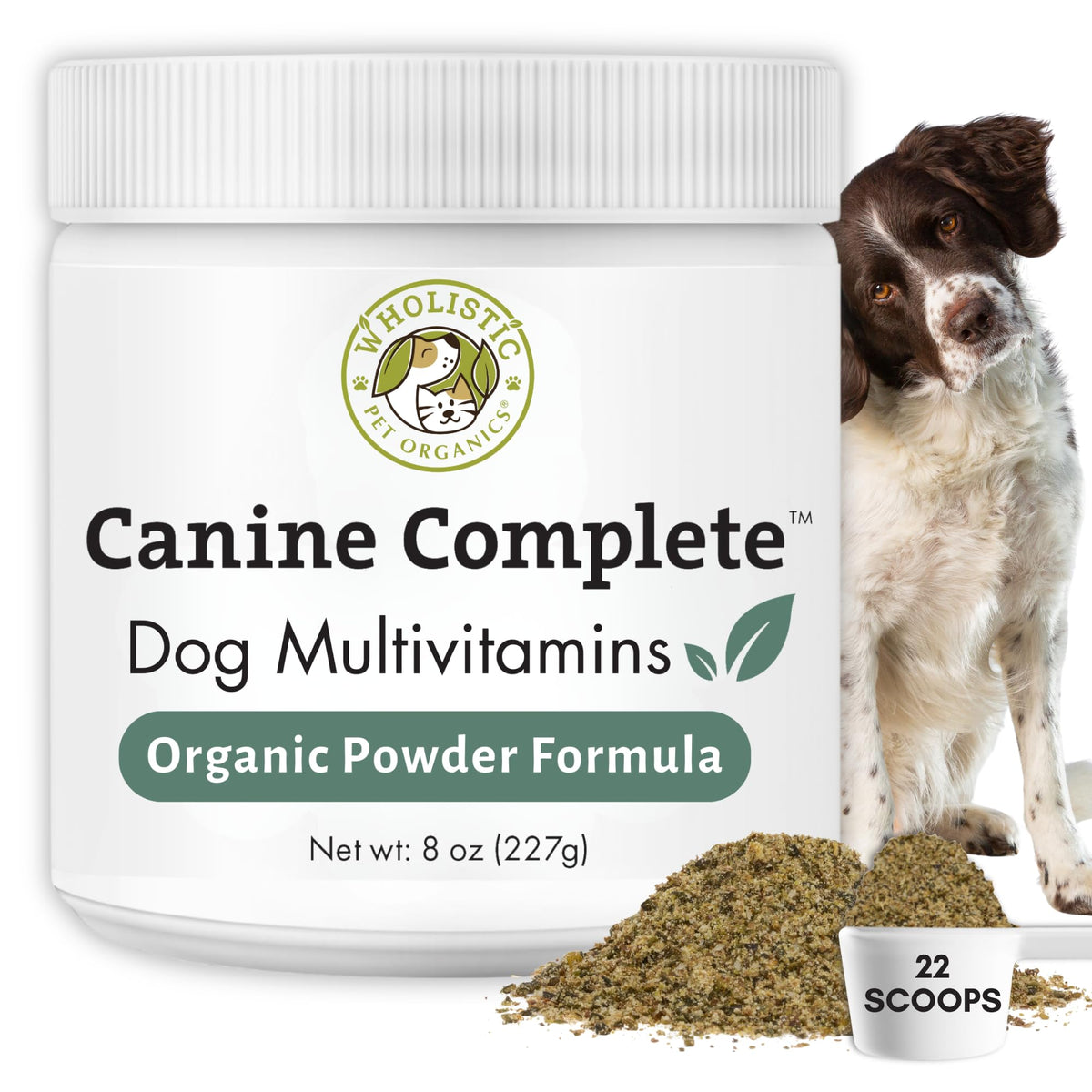 Wholistic Pet Organics pot avant montrant l'emballage et facilité d'utilisation