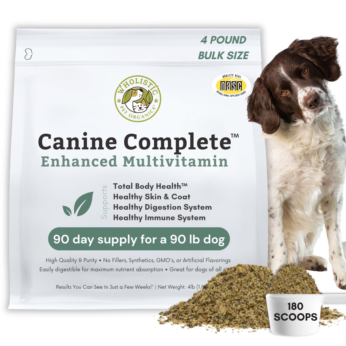 Wholistic Pet Organics pot face montrant taille et label, rassure qualité