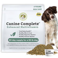 Wholistic Pet Organics pot face montrant taille et label, rassure qualité