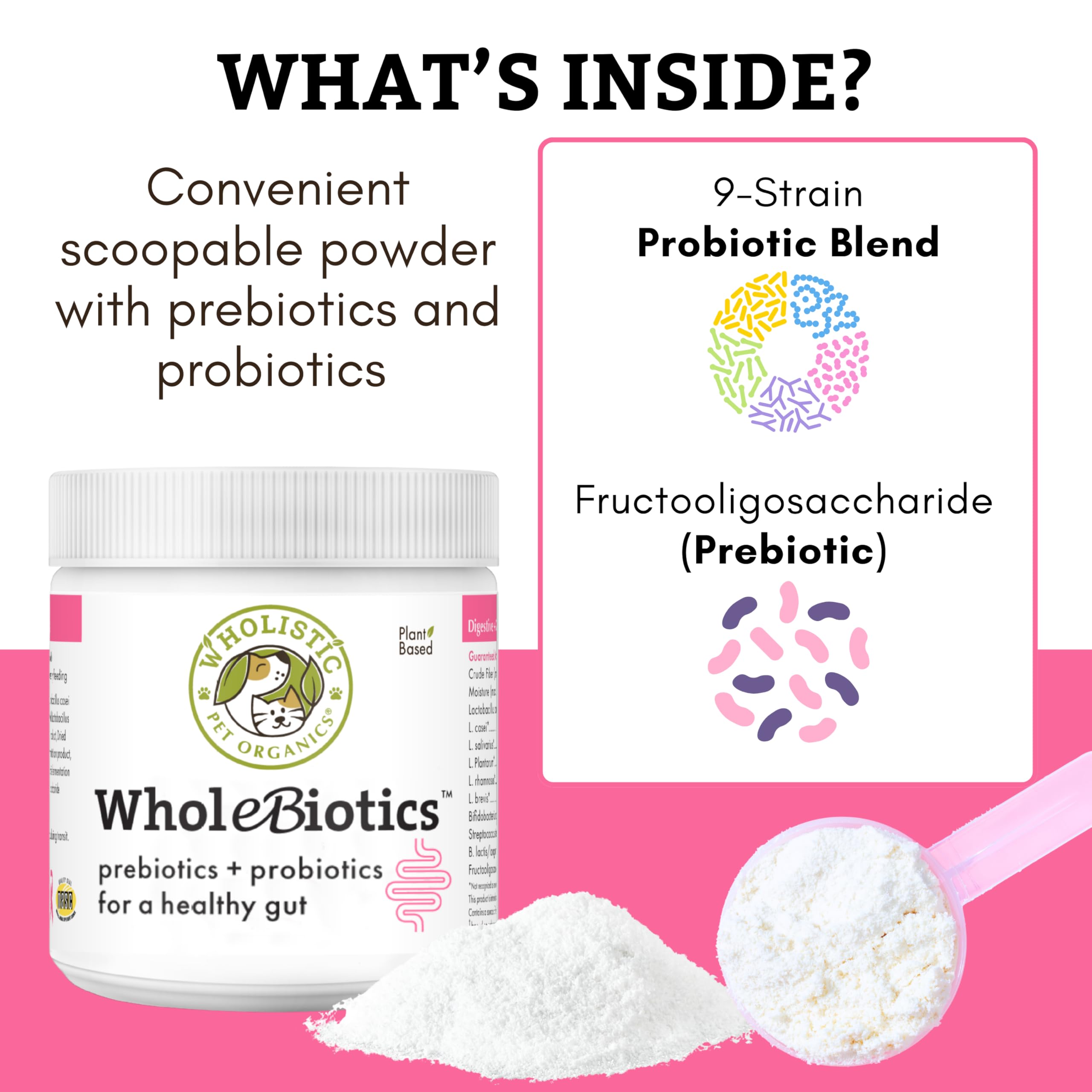 Wholistic Pet Organics poudre en gros plan montrant texture fine bénéfique