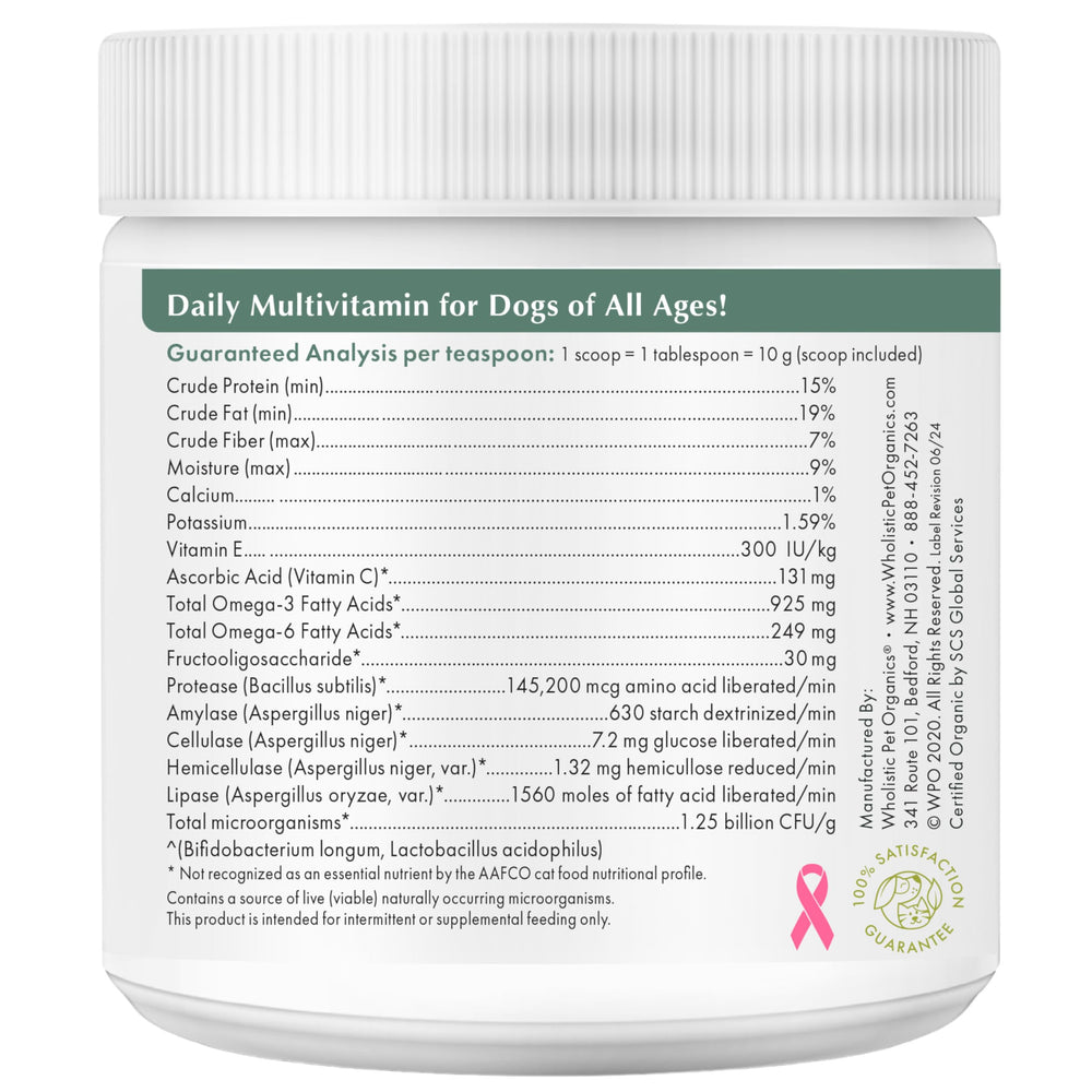 Wholistic Pet Organics étiquette détaillée affichant ingrédients biologiques et bénéfices