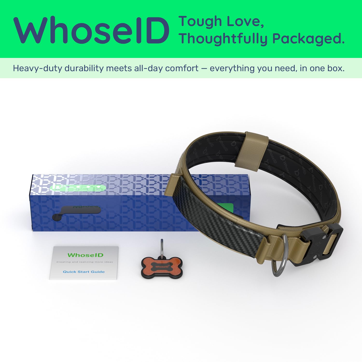 WhoseID packaging montrant le collier et accessoires inclus pratiques