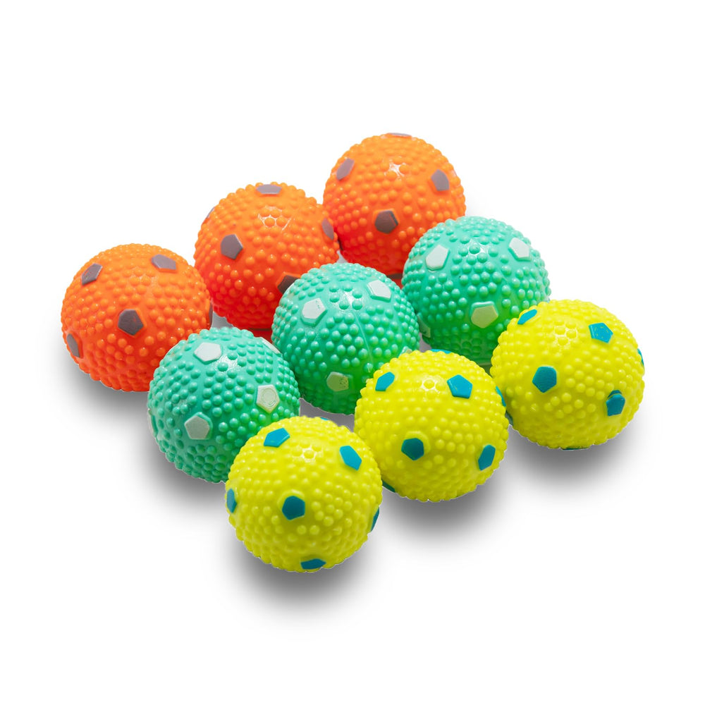 WIGGLYTAIL emballage avant montrant neuf balles, facile à stocker et pratique