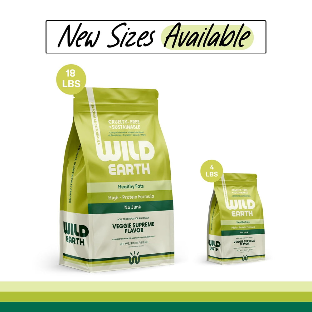 Wild Earth emballage avec icône sans blé indiquant bénéfice hypoallergénique