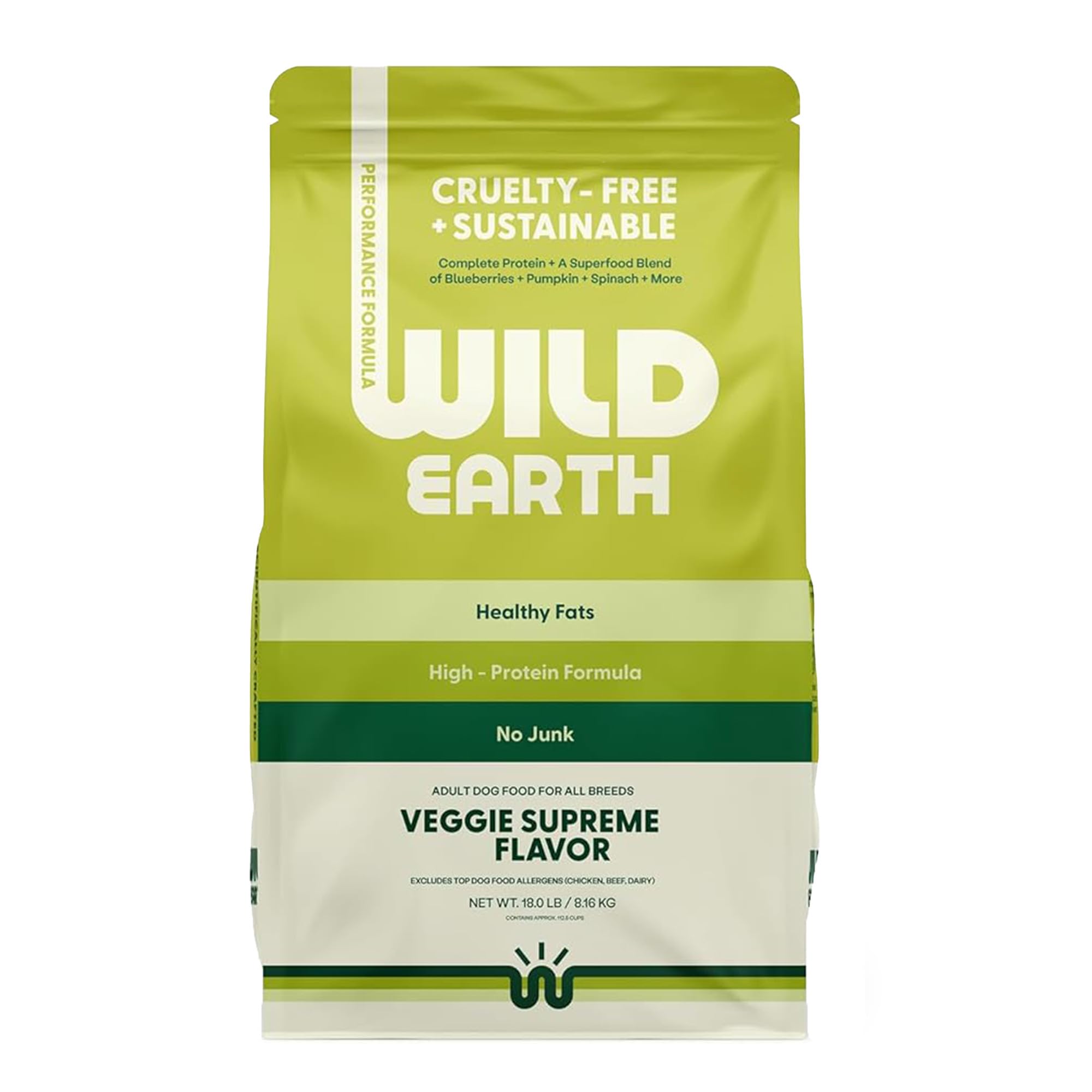 Wild Earth vue du paquet avant montrant format 18 lb et avantages nutritifs