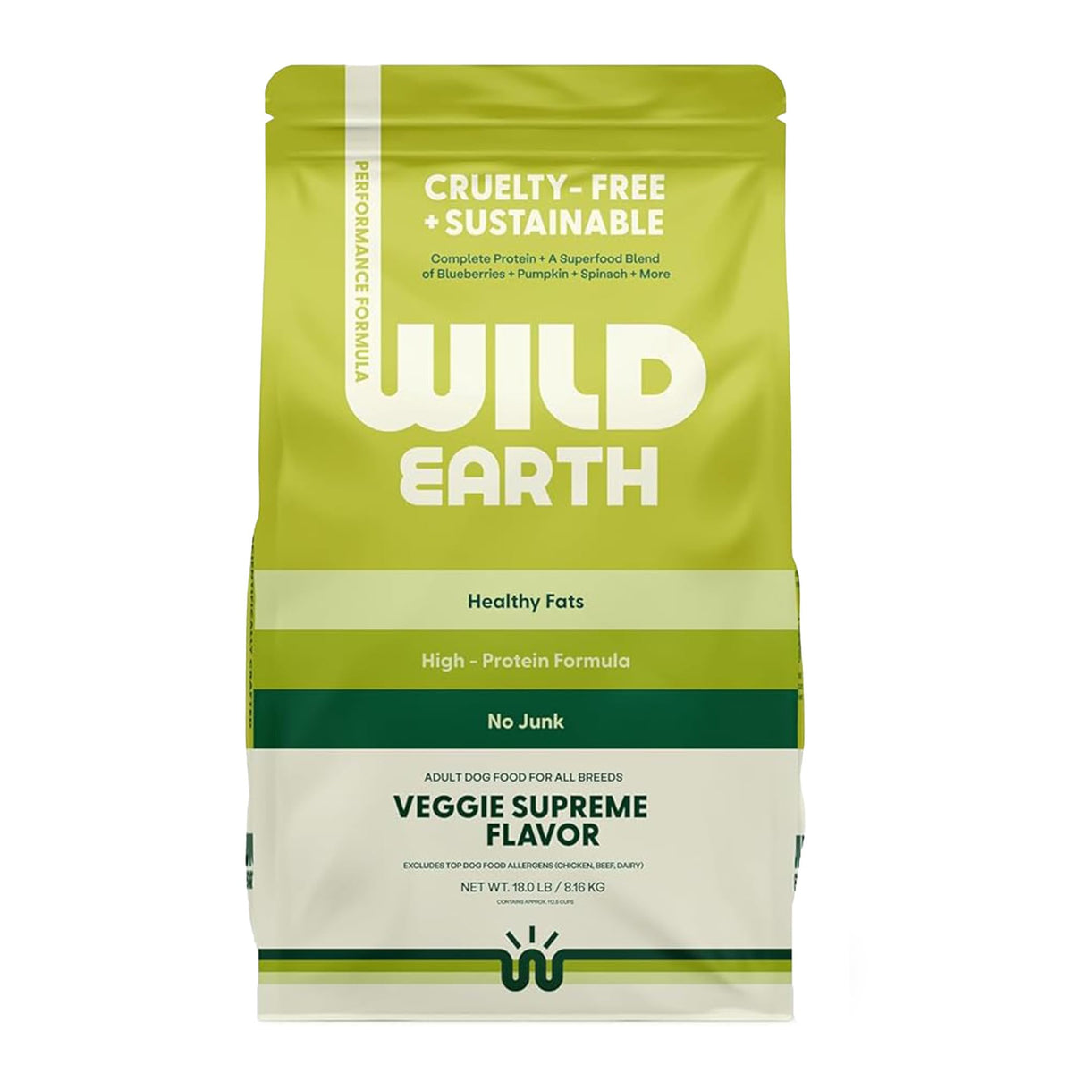 Wild Earth vue du paquet avant montrant format 18 lb et avantages nutritifs