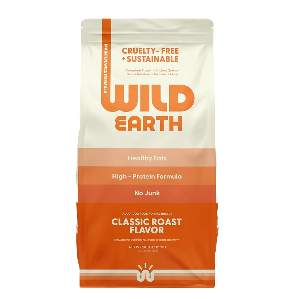 Wild Earth face avant du sac montrant la marque et bénéfices nutritionnels