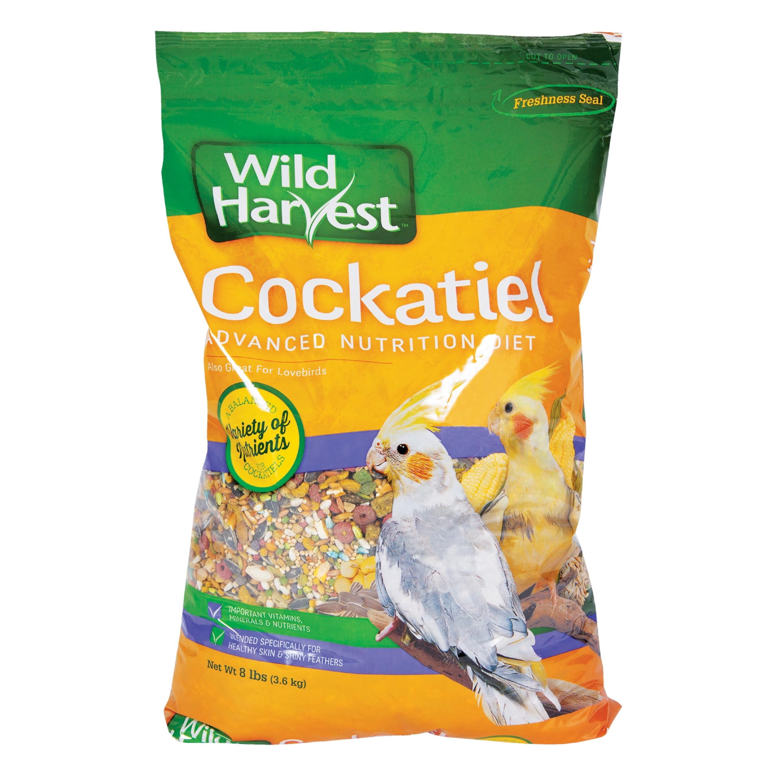 Wild Harvest emballage frontal montrant le format 8 lb et bénéfices nutritionnels