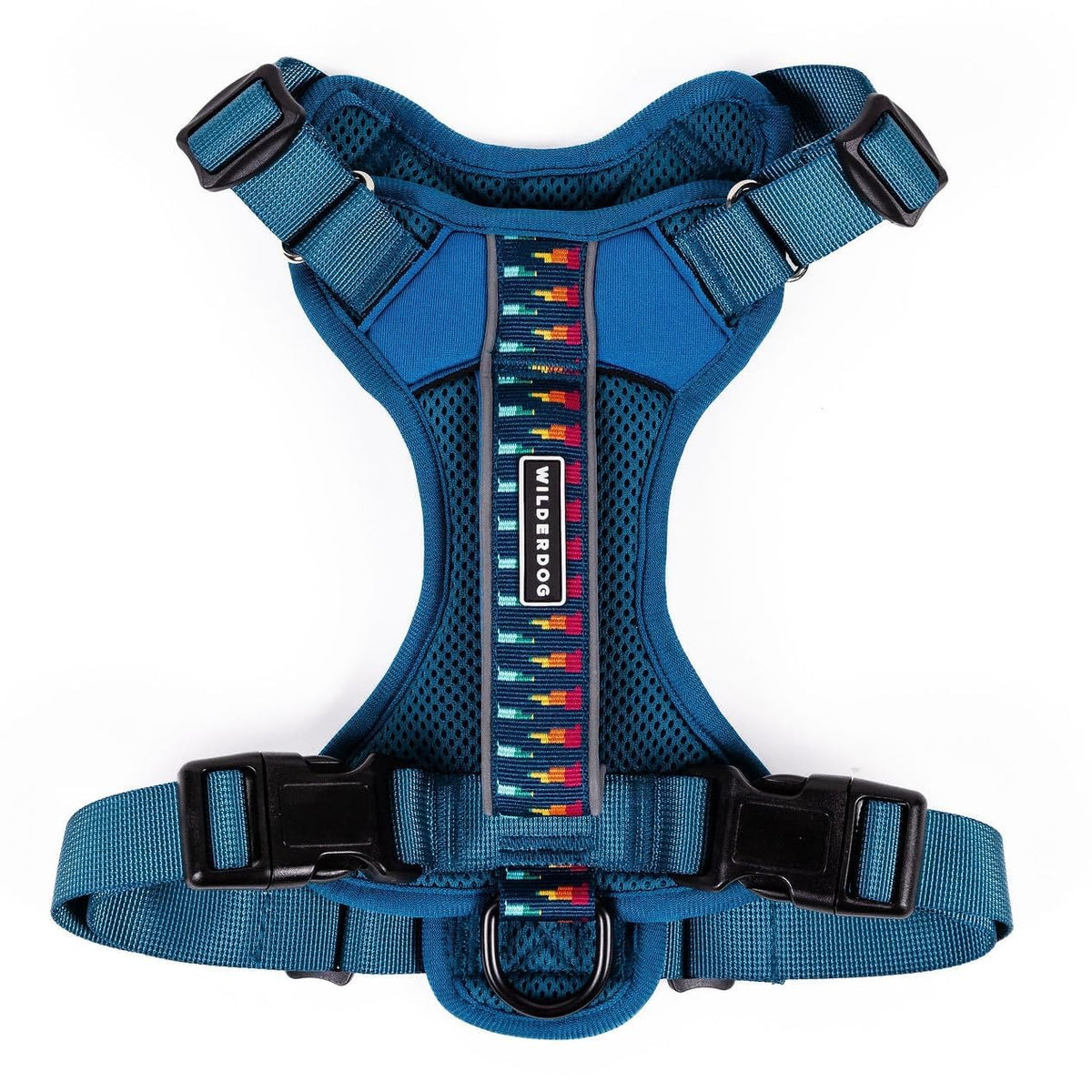 Wilderdog harnais face avant en Pacific Blue montrant coupe et maintien
