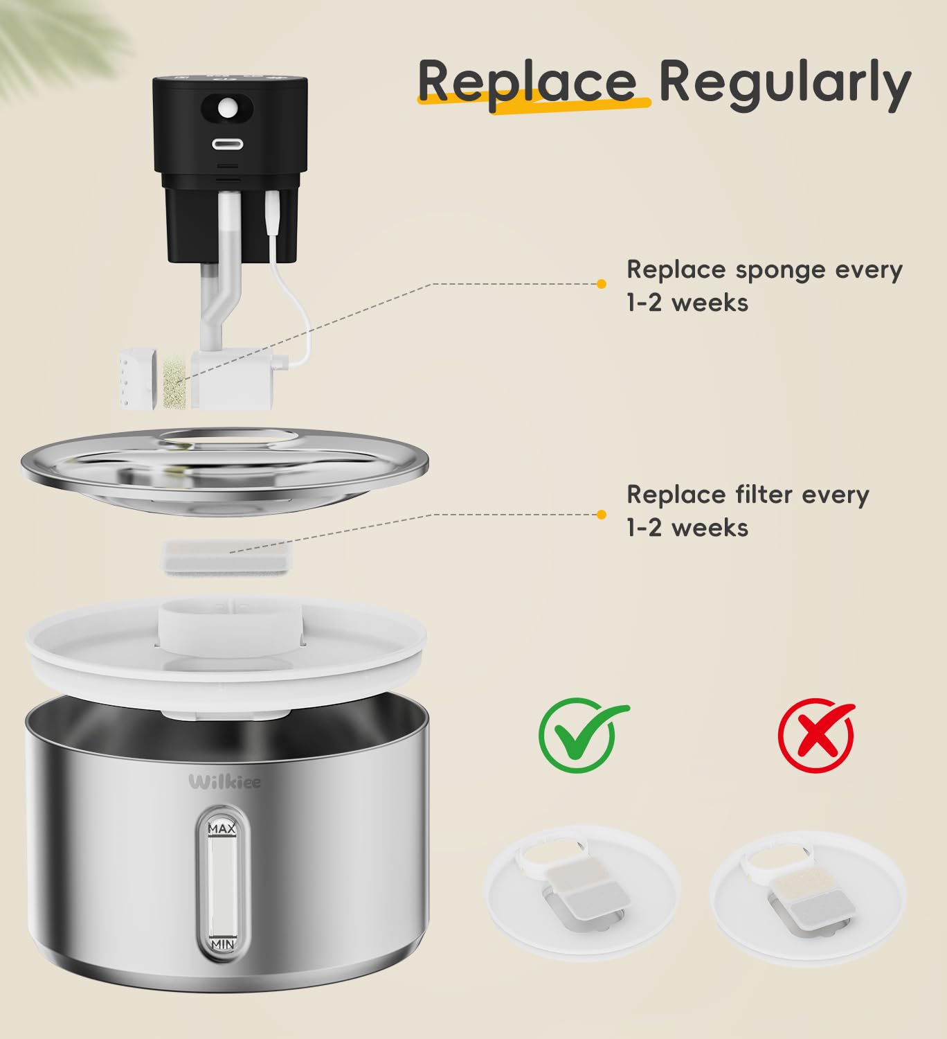 WILKIEE installation du filtre dans la fontaine FS40, montage simple et sans outil