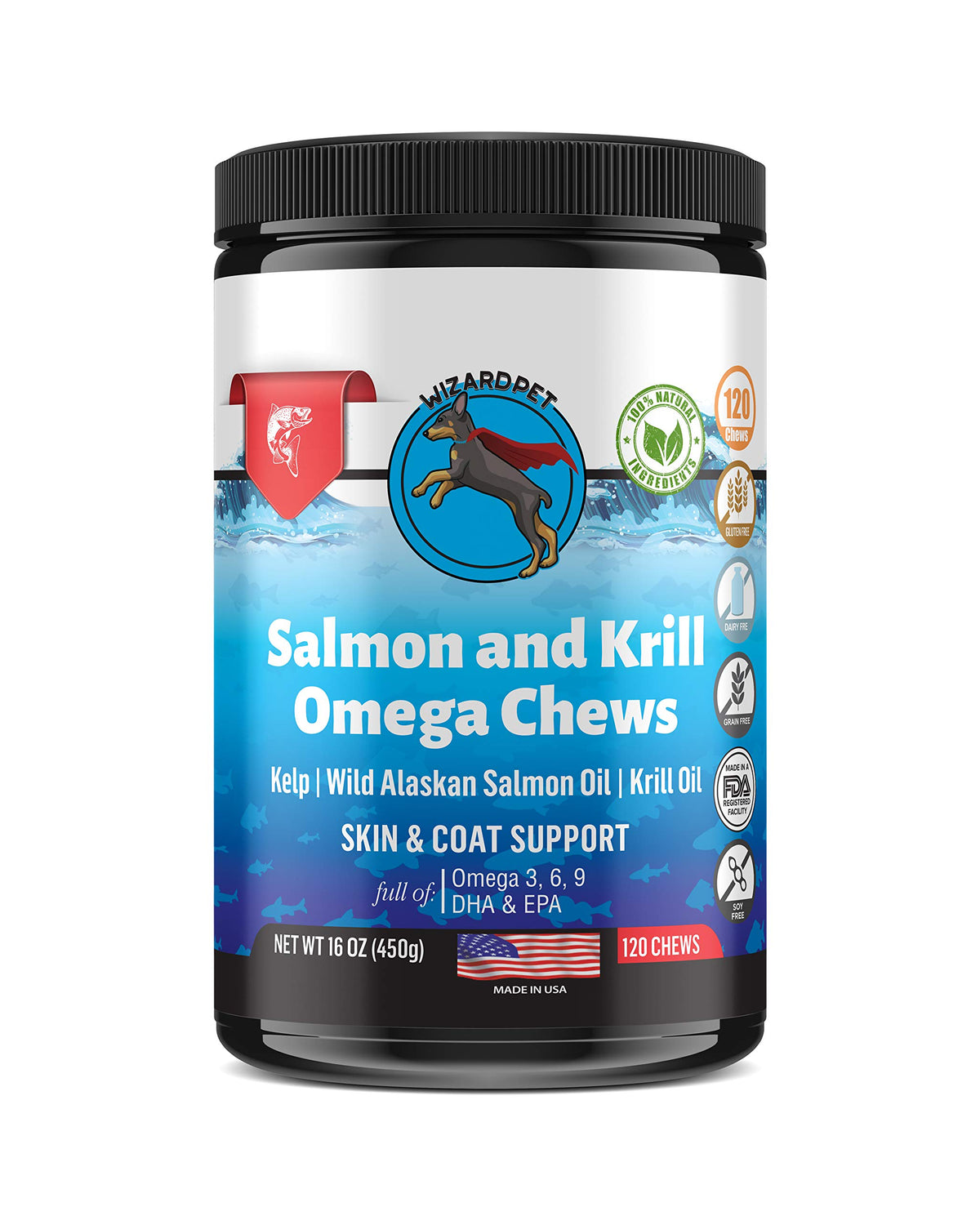 WIZARDPET emballage avant montrant 120 friandises et bénéfice pelage