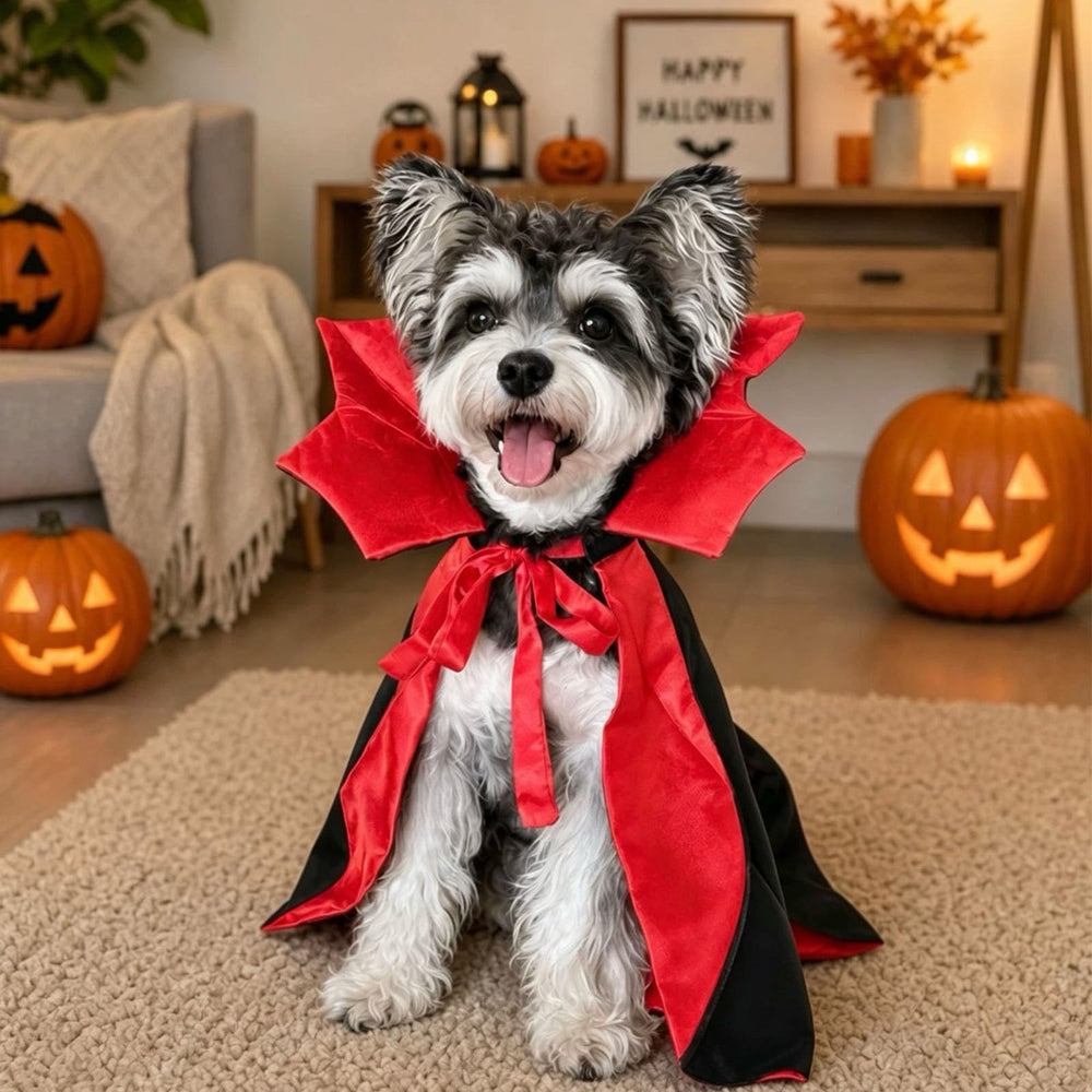 Wiz BBQT petit chien portant la cape en extérieur, look Halloween photogénique