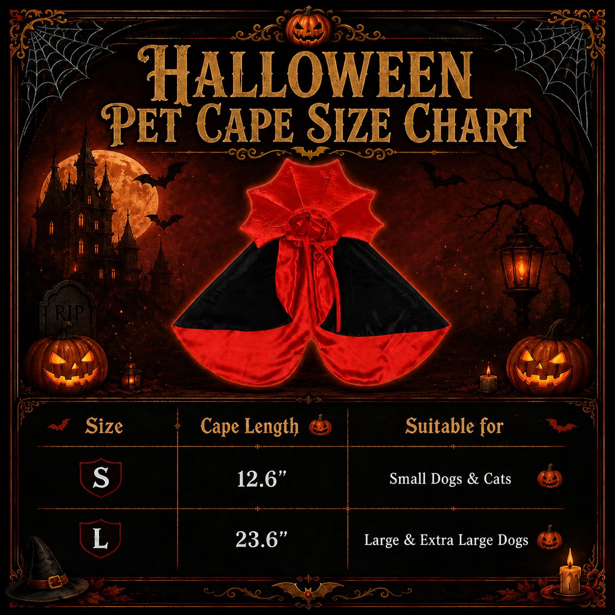 Wiz BBQT cape posée près d’une règle montrant longueur 12,6 pouces, guide taille clair