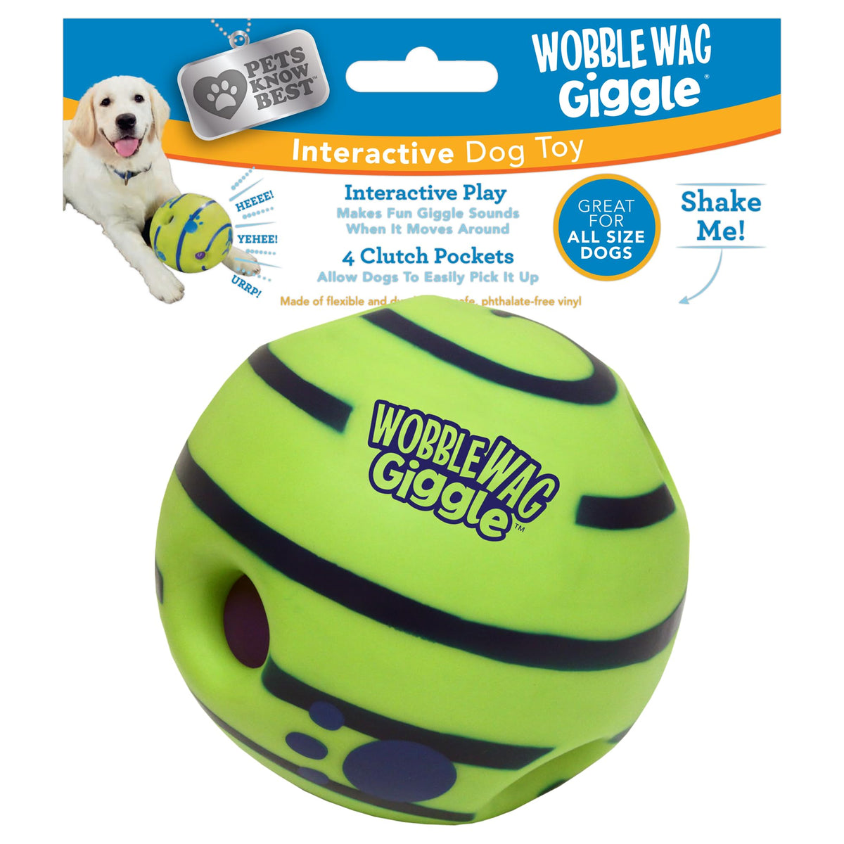Wobble Wag Giggle balle avant montrant packaging et intérêt ludique